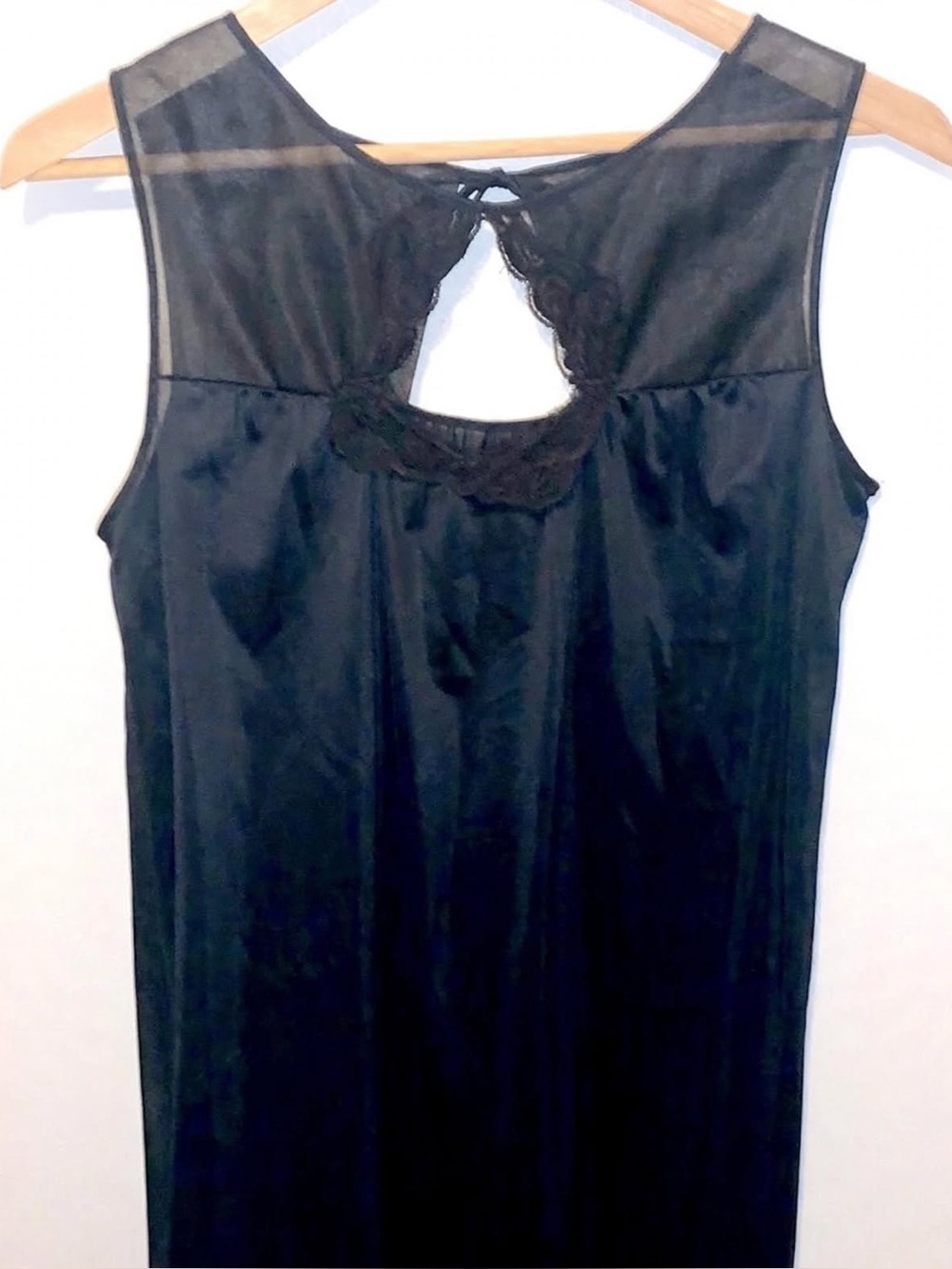 Vtg 60s 70s Black Satin Maxi Nightgown Keyhole Lace Trim Sheer Yoke M L
